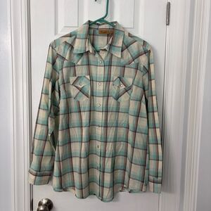 Wrangler Men’s Plaid Western Pearl Snap Shirt XL – Blue & Brown Long Sleeve
